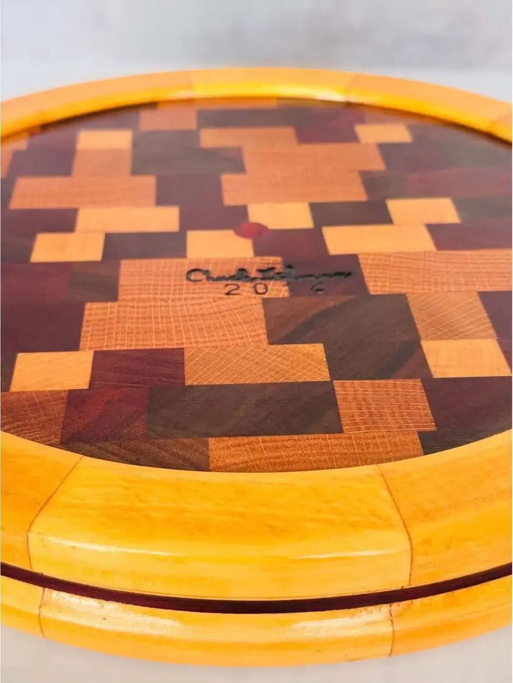 Signed Segmented Wood Platter 2014 | Handmade Inlaid Star Art Serving Tray